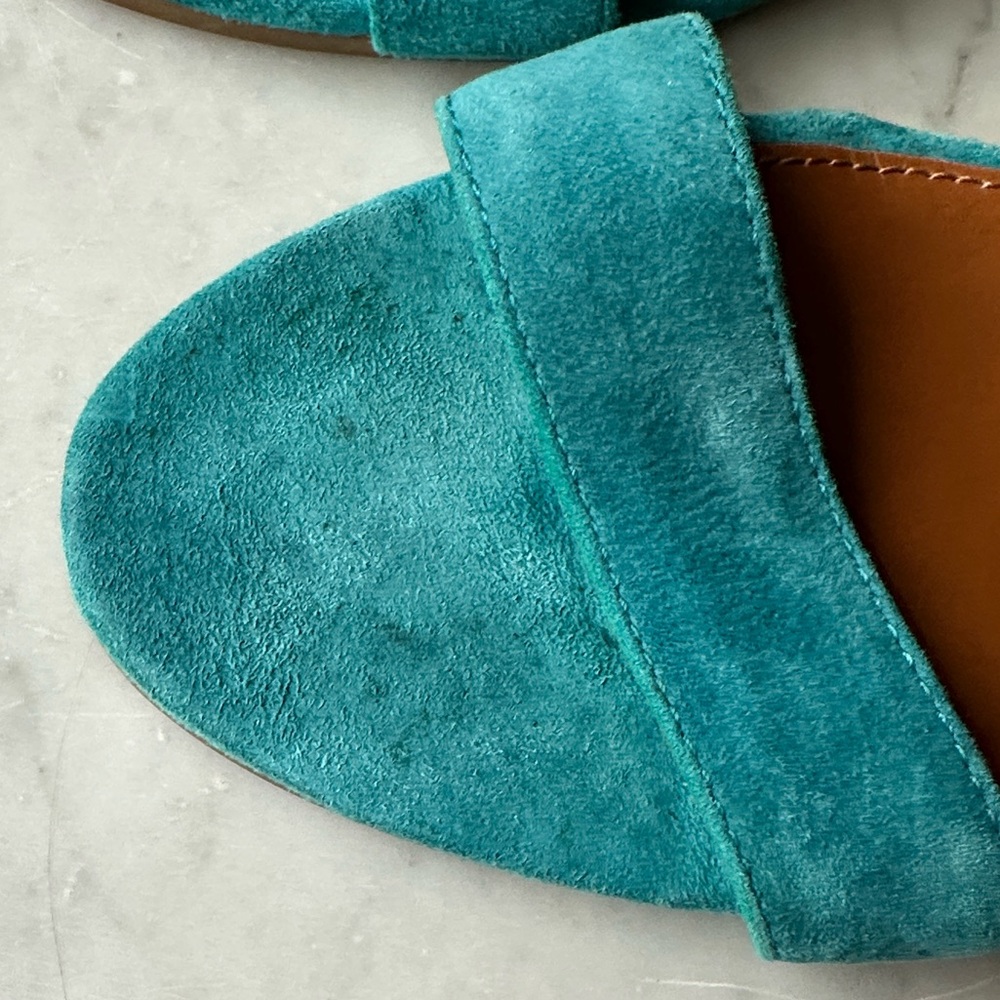Tory Burch Savannah Teal Suede Cork Wedges - Picture 6 of 7